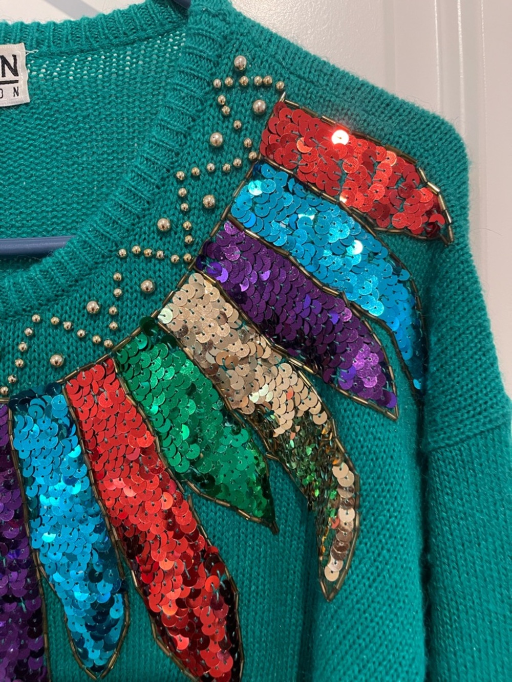 Western Connection Teal Sequin Feather-Accent Sweater - Picture 4 of 6
